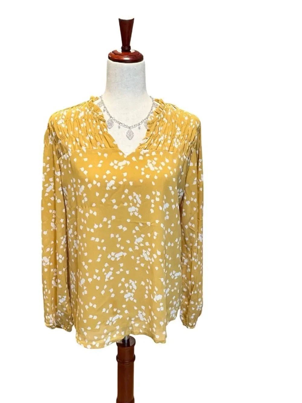 Women's Long Sleeve Split Neck Pullover Sheer Lined Blouse Mustard Small